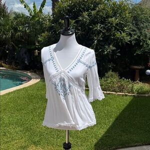 Ella Moss White Blouse with Blue Embroidery